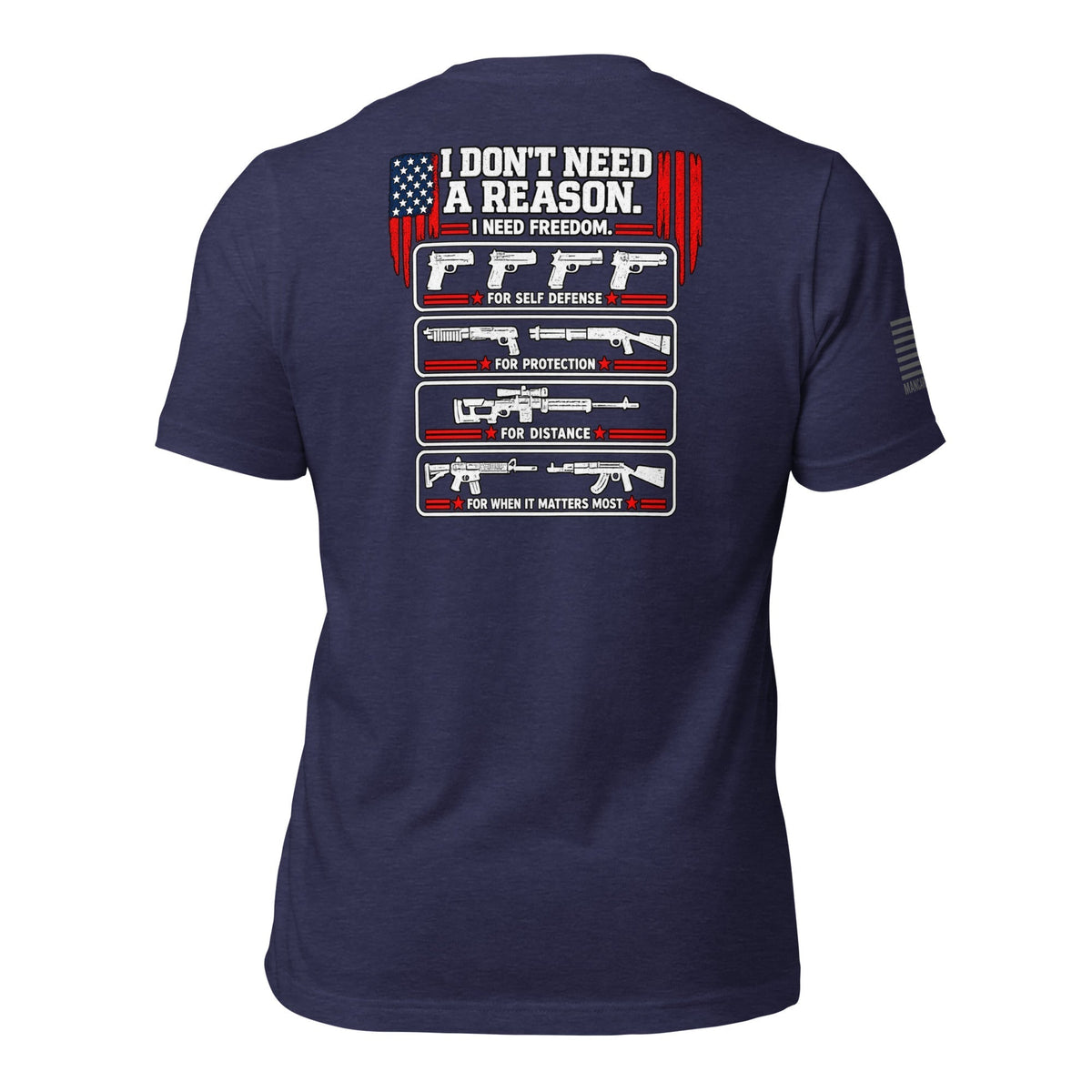 Back of navy Man Card T-shirt with American flag, firearm illustrations and I don't need a reason. I need freedom lettering