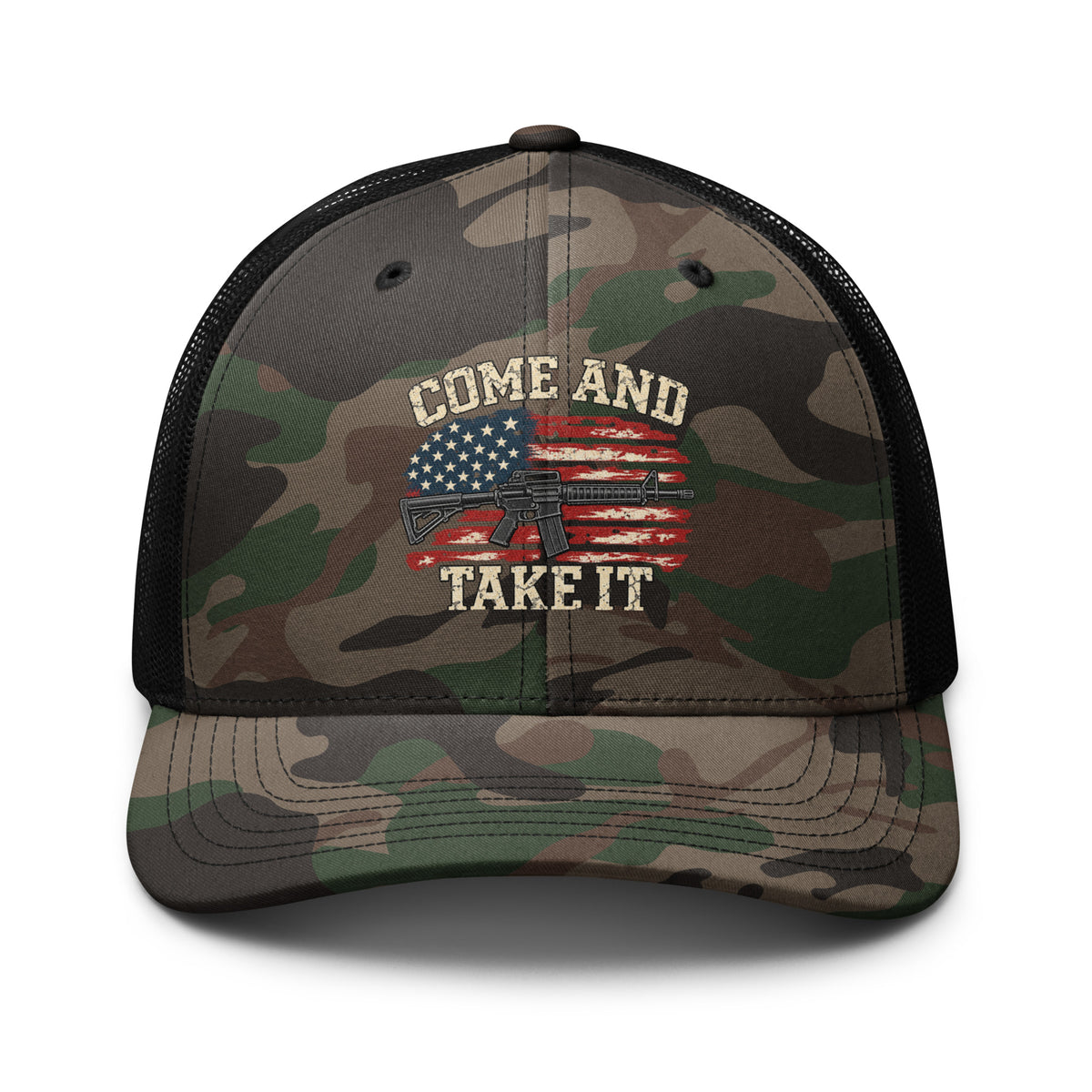 Front view of camouflage trucker hat with black mesh back, Come and Take It lettering, American flag and rifle artwork