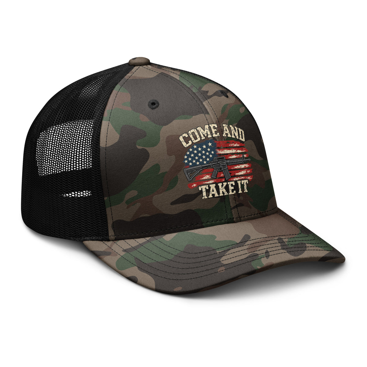 Angled front view of camouflage trucker hat with black mesh back, Come and Take It lettering, American flag and rifle artwork