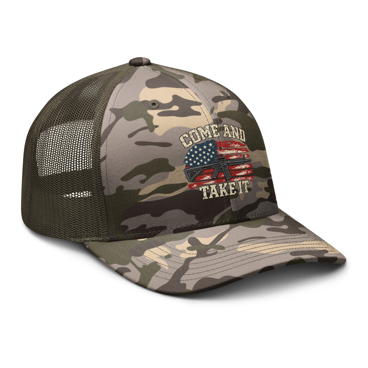 Angled front view of camouflage trucker hat with olive mesh back, Come and Take It lettering, American flag and rifle artwork