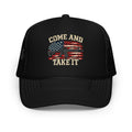 Front view of foam trucker hat, black, with Come and Take It lettering, American flag and rifle artwork