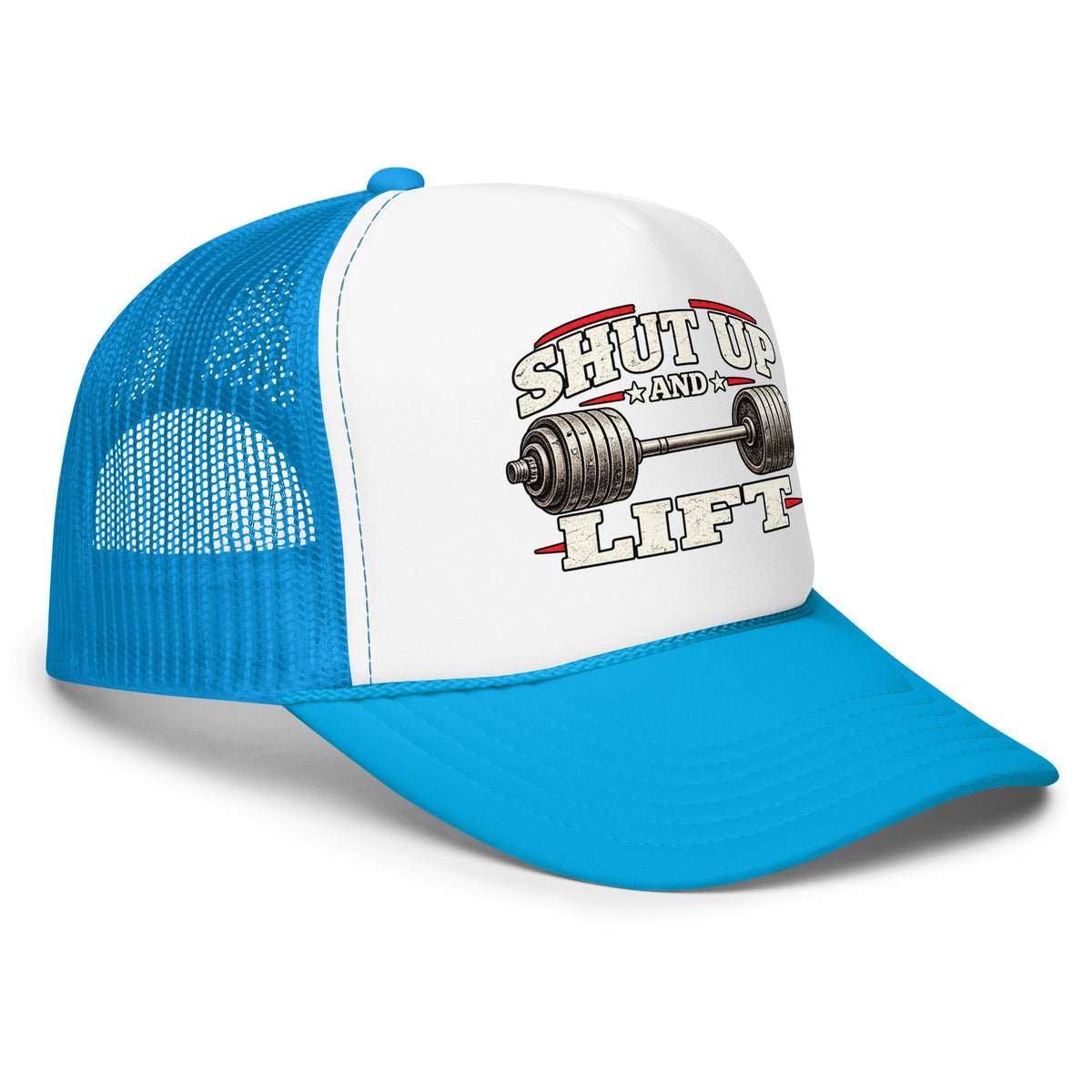 Angled front view of foam trucker hat, white with blue brim and mesh back, featuring Shut Up and Lift lettering and a barbell graphic
