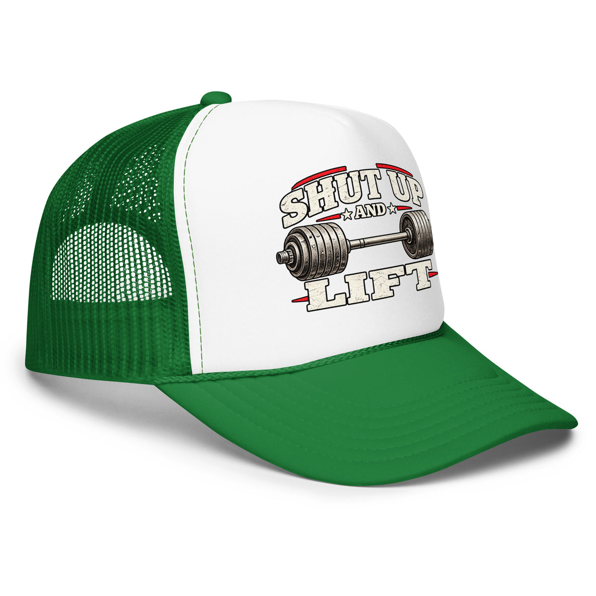 Angled front view of foam trucker hat, white with kelly green brim and mesh back, featuring Shut Up and Lift lettering and a barbell graphic