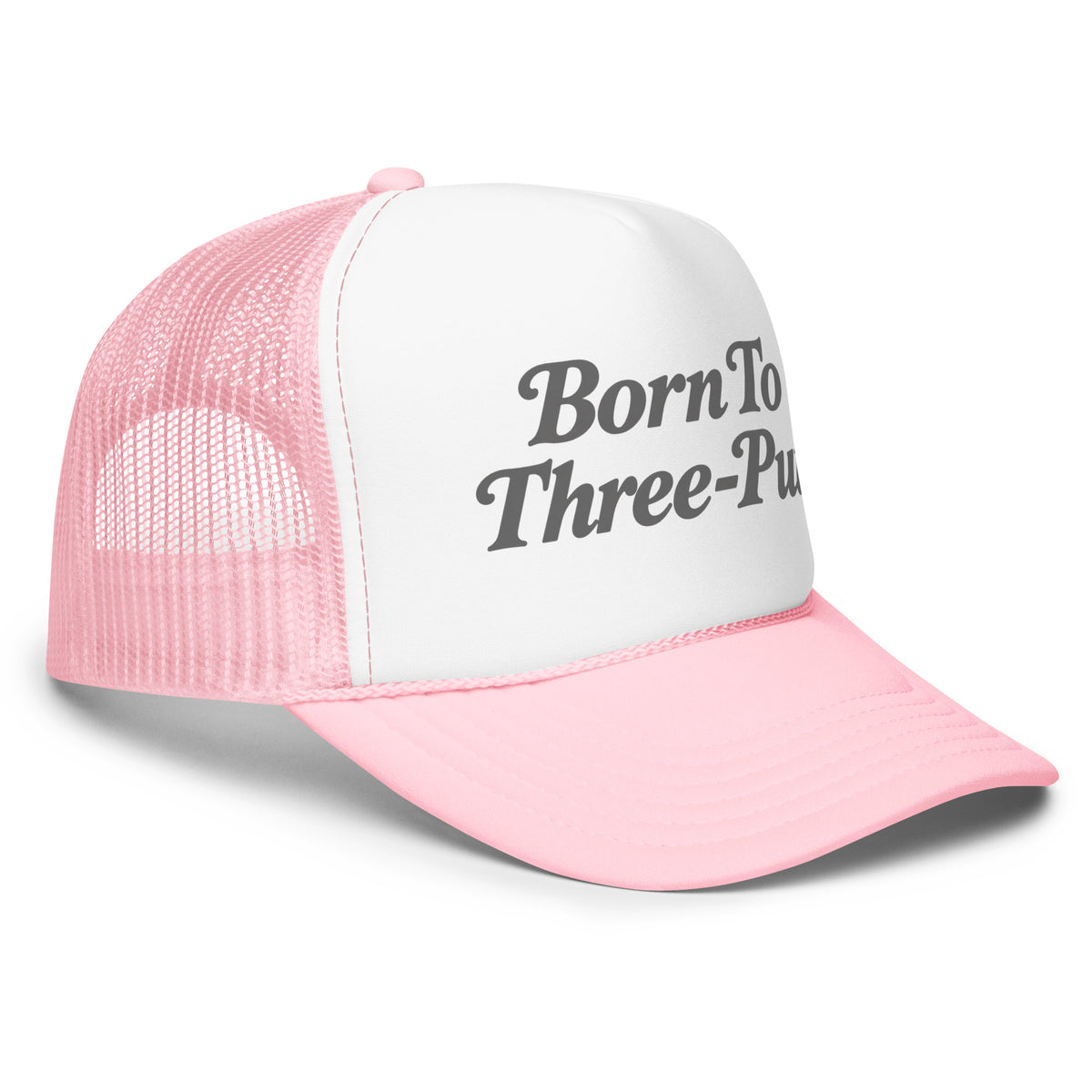 Angled front view of foam trucker hat, white with light pink brim and mesh back, featuring Born to Three-Putt script lettering