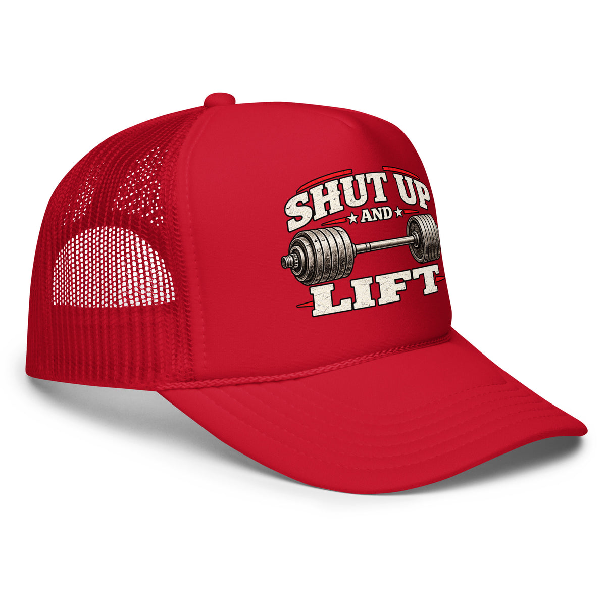Angled front view of foam trucker hat, red, featuring Shut Up and Lift lettering and a barbell graphic