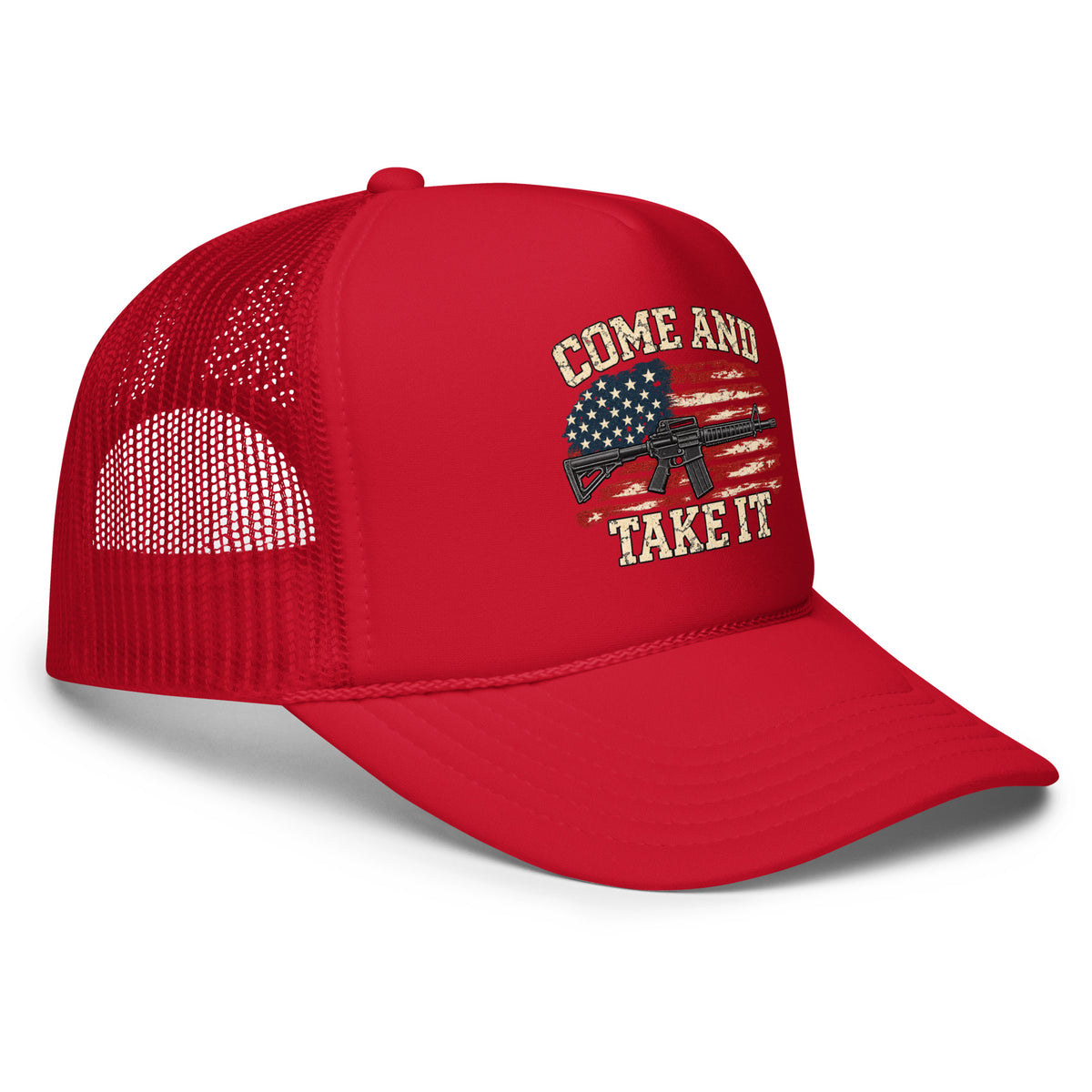 Angled front view of foam trucker hat, red, with Come and Take It lettering, American flag and rifle artwork