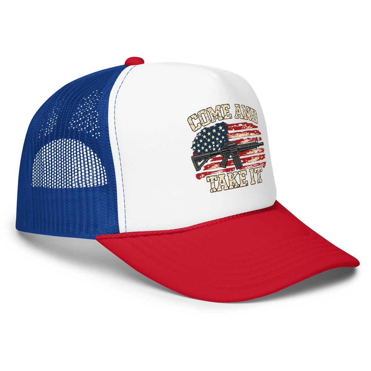 Angled front view of foam trucker hat, white with red brim and royal blue mesh back, with Come and Take It lettering, American flag and rifle artwork