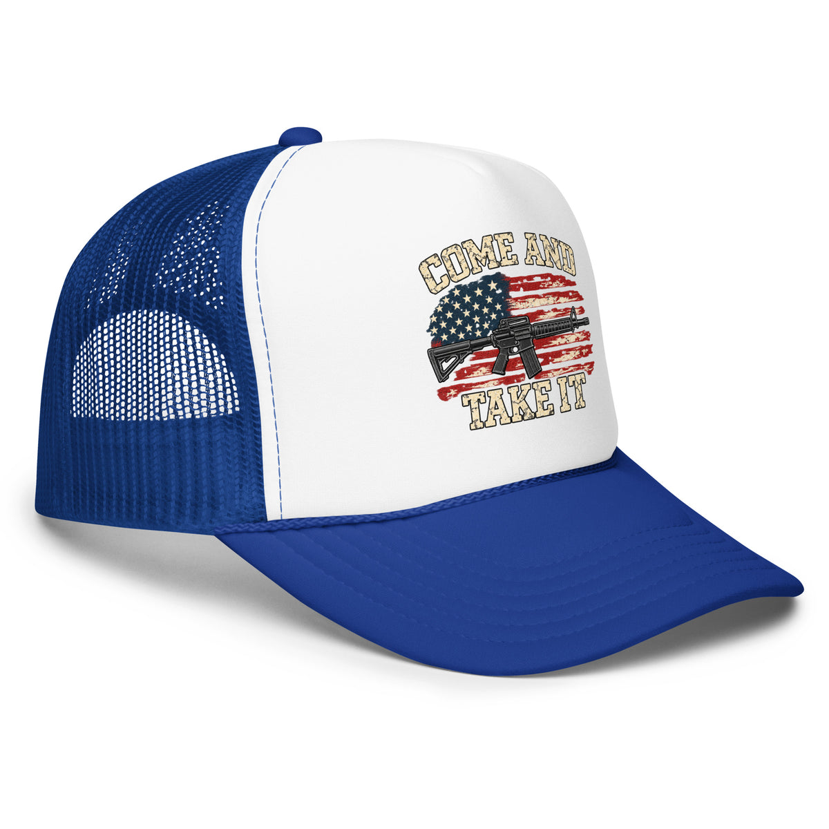Angled front view of foam trucker hat, white with royal blue brim and mesh back, with Come and Take It lettering, American flag and rifle artwork