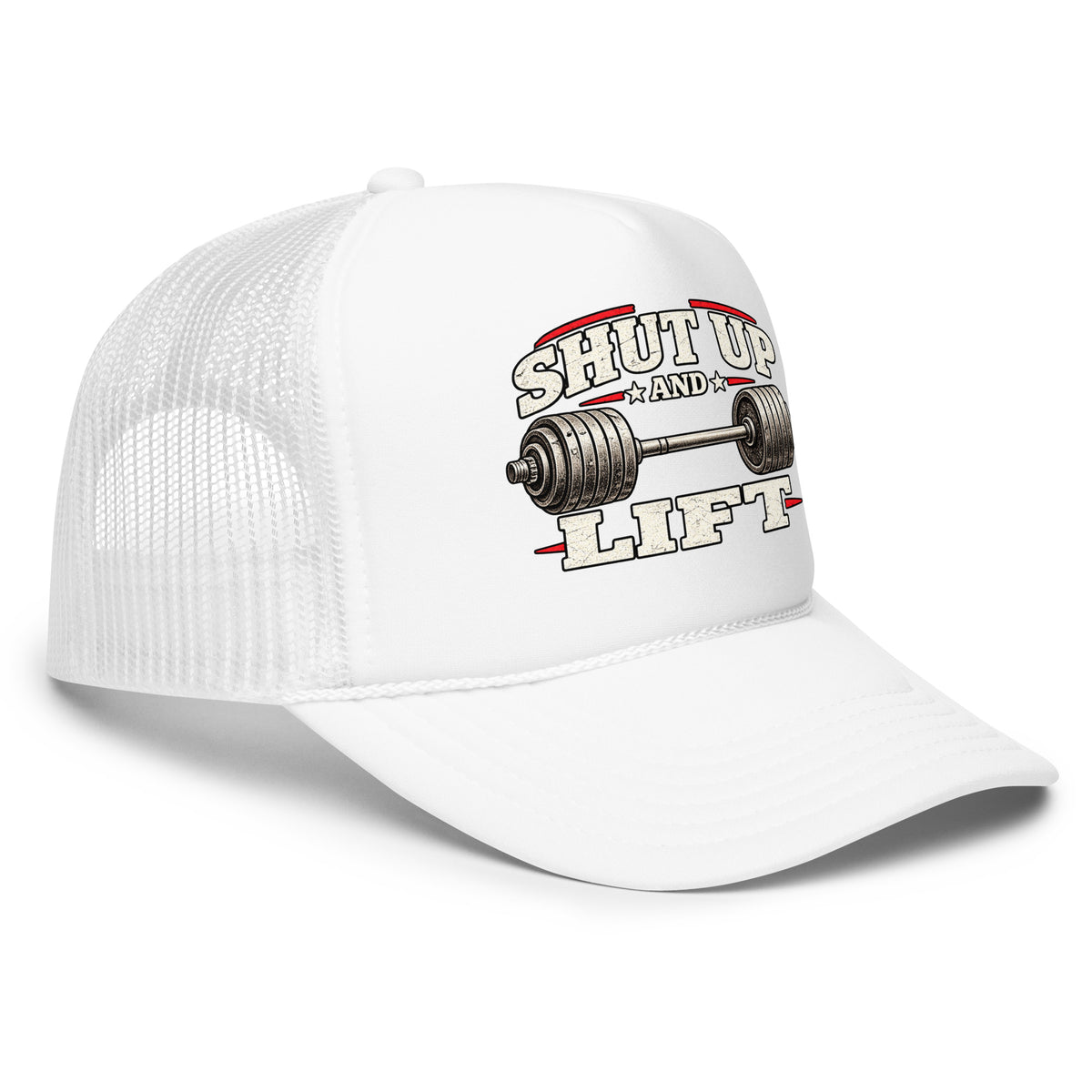 Angled front view of foam trucker hat, white, featuring Shut Up and Lift lettering and a barbell graphic