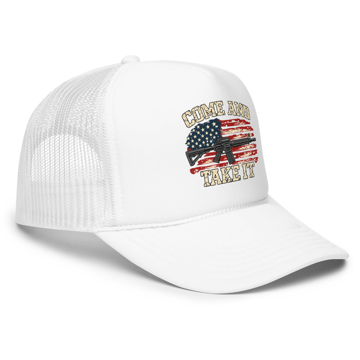 Angled front view of foam trucker hat, white, with Come and Take It lettering, American flag and rifle artwork