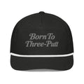Front view of golf rope cap, black with white rope, featuring Born to Three-Putt script lettering