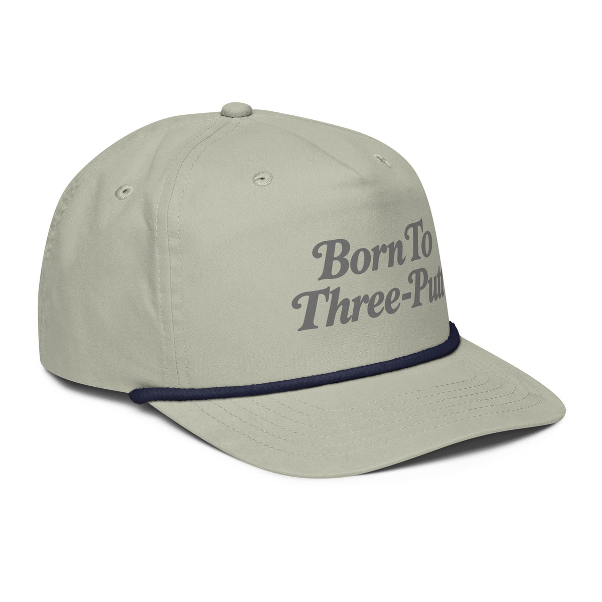 Angled front view of golf rope cap, light grey with navy rope, featuring Born to Three-Putt script lettering