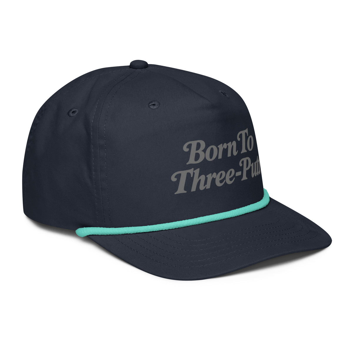 Angled front view of golf rope cap, navy with mint rope, featuring Born to Three-Putt script lettering