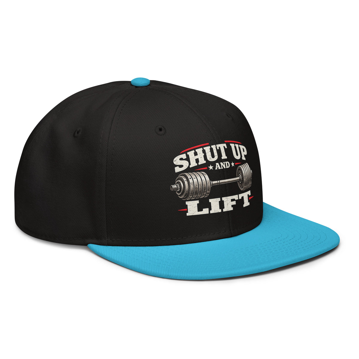 Angled front view of snapback hat, black with aqua blue visor, featuring Shut Up and Lift lettering and a barbell graphic