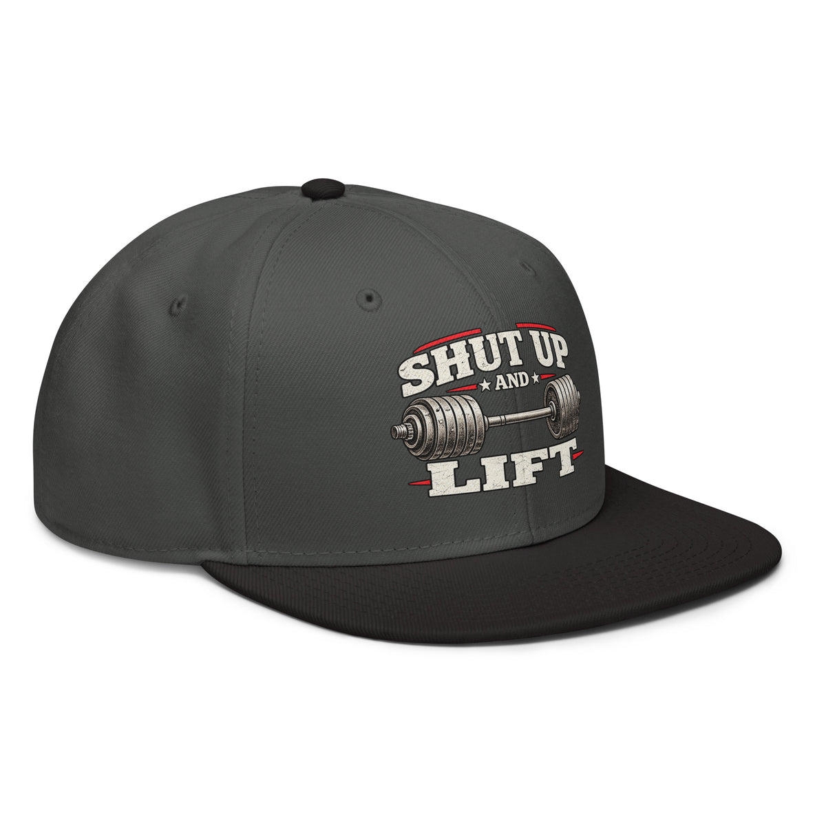 Angled front view of snapback hat, charcoal grey with black visor, featuring Shut Up and Lift lettering and a barbell graphic
