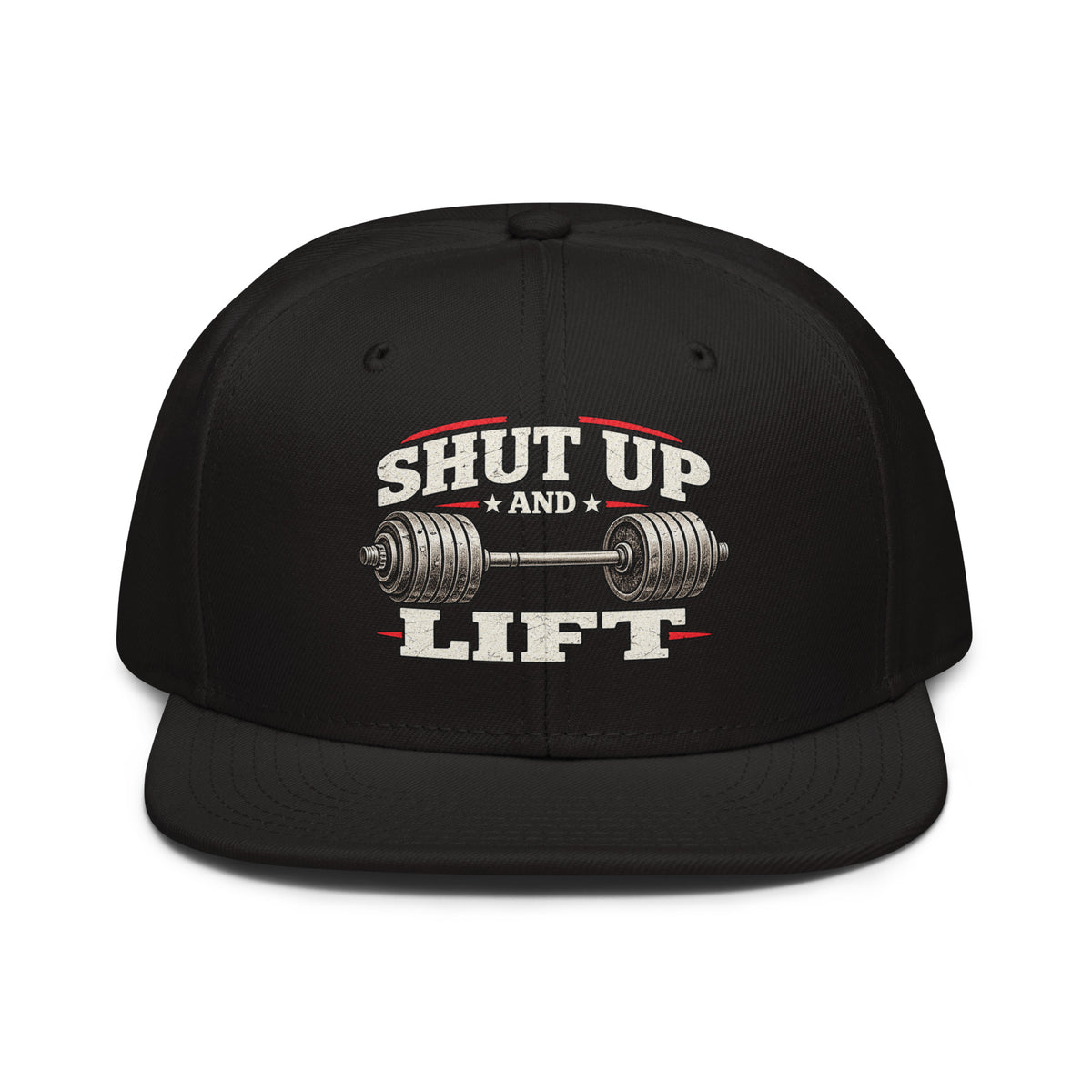 Front view of snapback hat, black, featuring Shut Up and Lift lettering and a barbell graphic