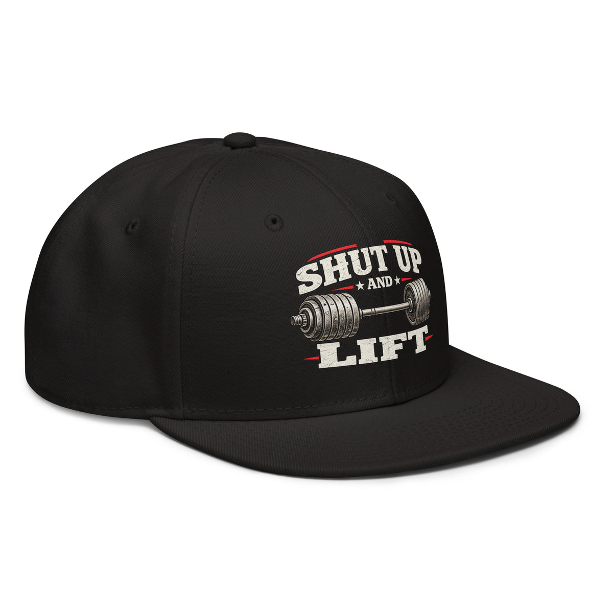 Angled front view of snapback hat, black, featuring Shut Up and Lift lettering and a barbell graphic