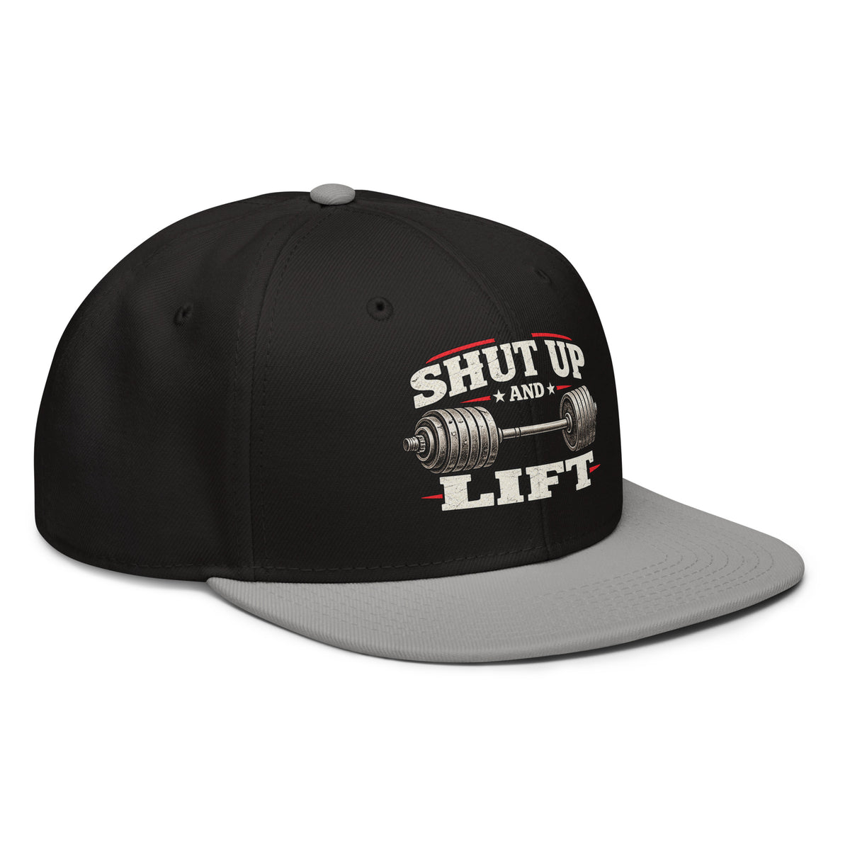 Angled front view of snapback hat, black with grey visor, featuring Shut Up and Lift lettering and a barbell graphic