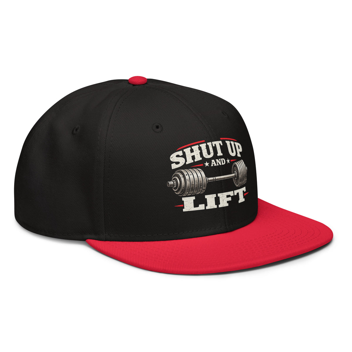 Angled front view of snapback hat, black with red visor, featuring Shut Up and Lift lettering and a barbell graphic