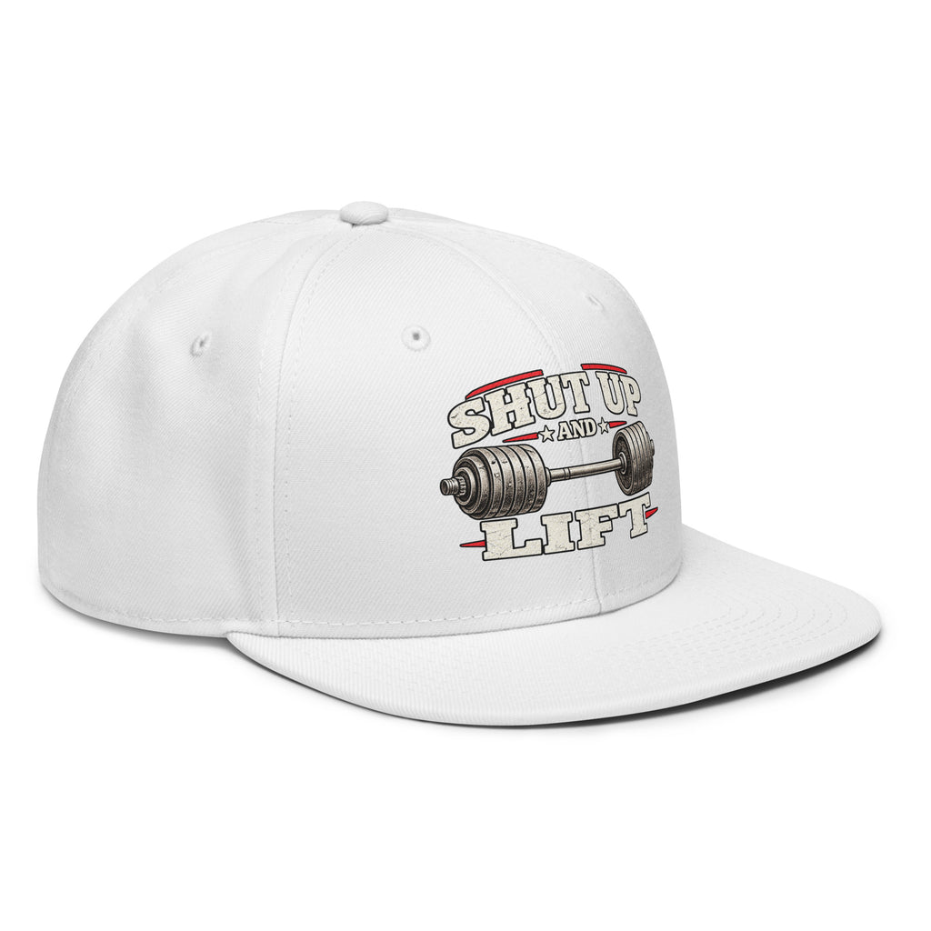 Angled front view of snapback hat, white, featuring Shut Up and Lift lettering and a barbell graphic