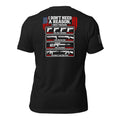 Back of black heather T-shirt with American flag, firearm illustrations and I don't need a reason. I need freedom lettering