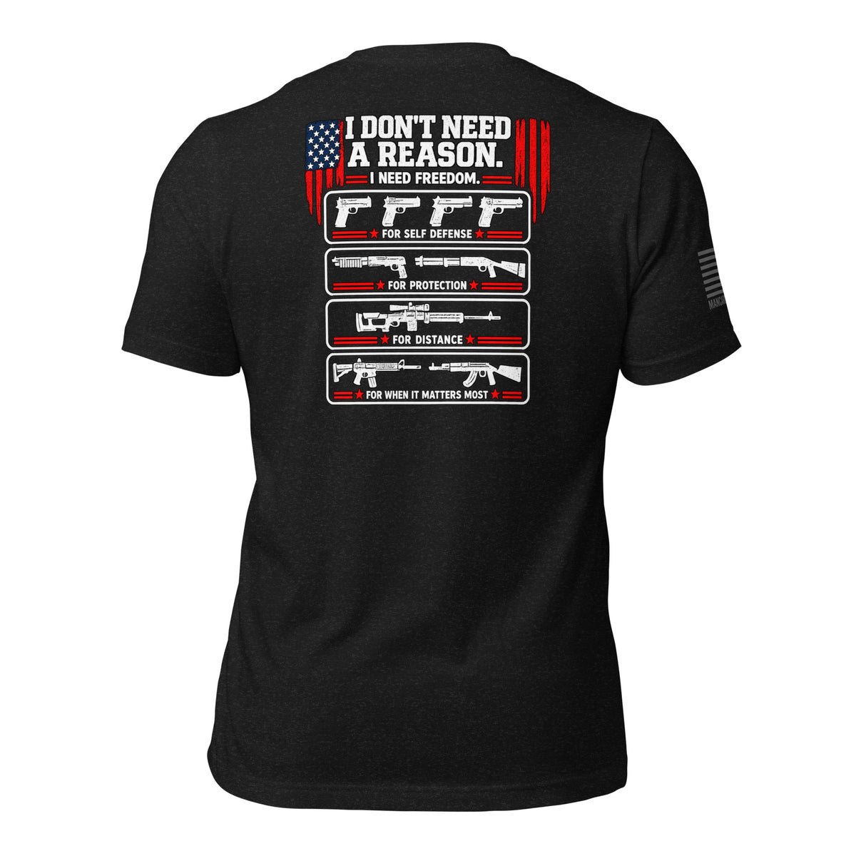 Back of black heather T-shirt with American flag, firearm illustrations and I don't need a reason. I need freedom lettering