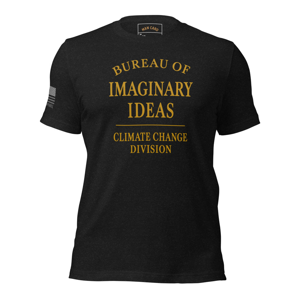Front of black heather T-shirt with gold lettering reading Bureau of Imaginary Ideas Climate Change Division