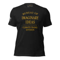 Front of black heather T-shirt with gold lettering reading Bureau of Imaginary Ideas Climate Change Division