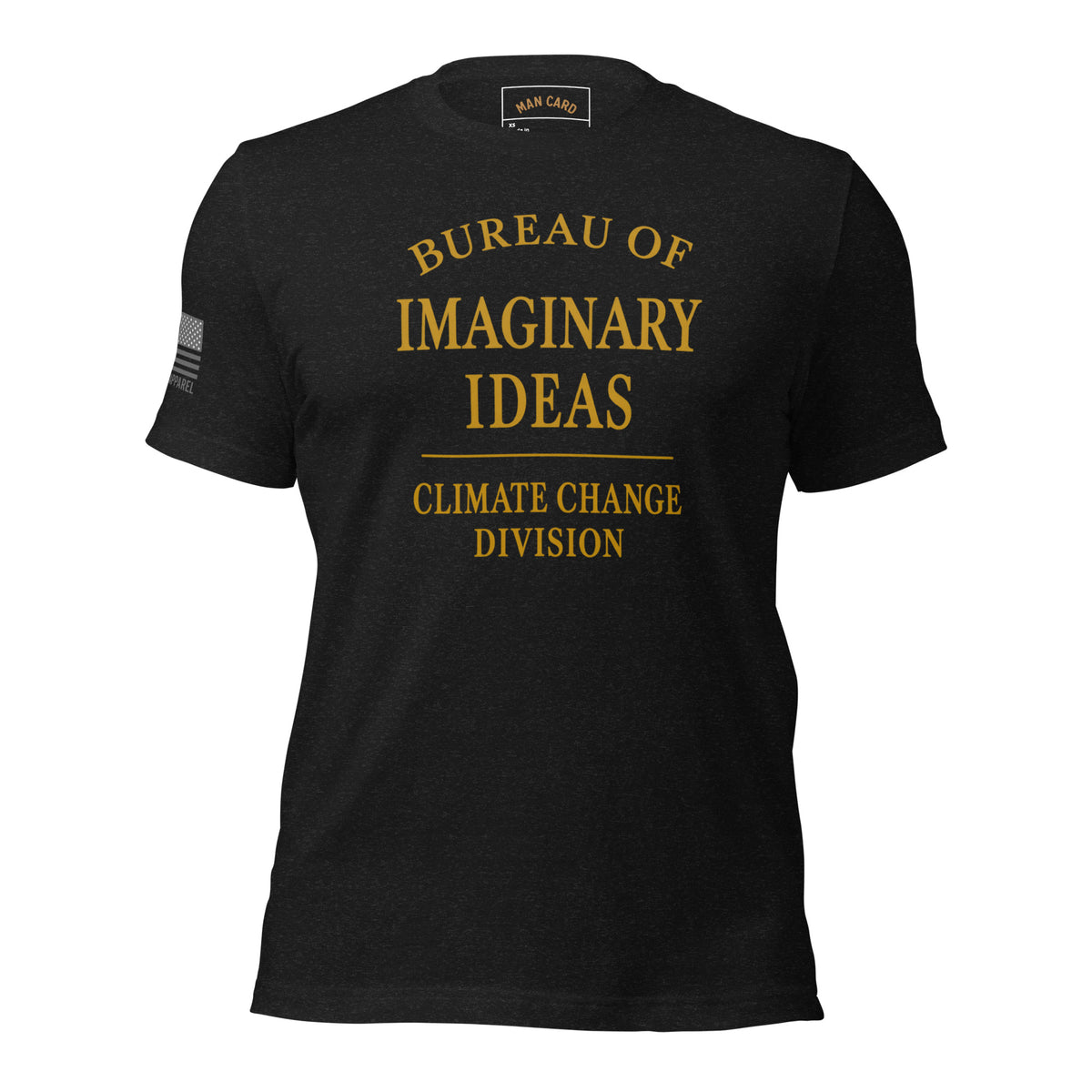 Front of black heather T-shirt with gold lettering reading Bureau of Imaginary Ideas Climate Change Division