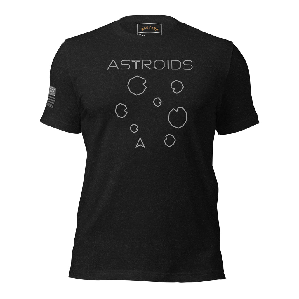 Front of black heather T-shirt with ASTROIDS lettering, outlined asteroids and a spaceship graphic