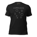 Front of black heather T-shirt with ASTROIDS lettering, outlined asteroids and a spaceship graphic