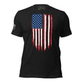 Front view of black heather T-shirt with a distressed red, white and blue American flag chest graphic and a smaller sleeve flag
