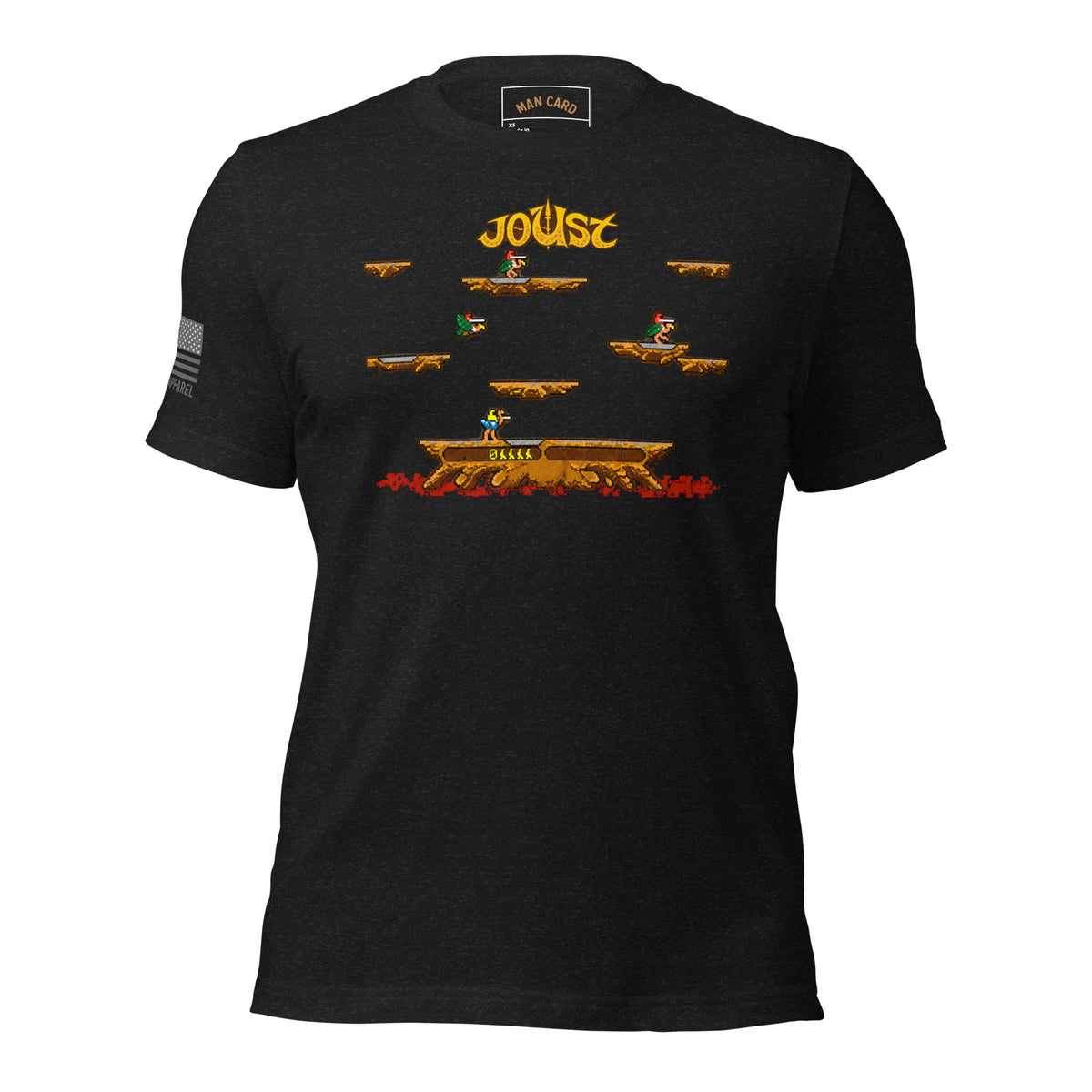 Front view of black heather Joust arcade battle T-shirt with pixel-art riders, platforms, and an American flag sleeve detail
