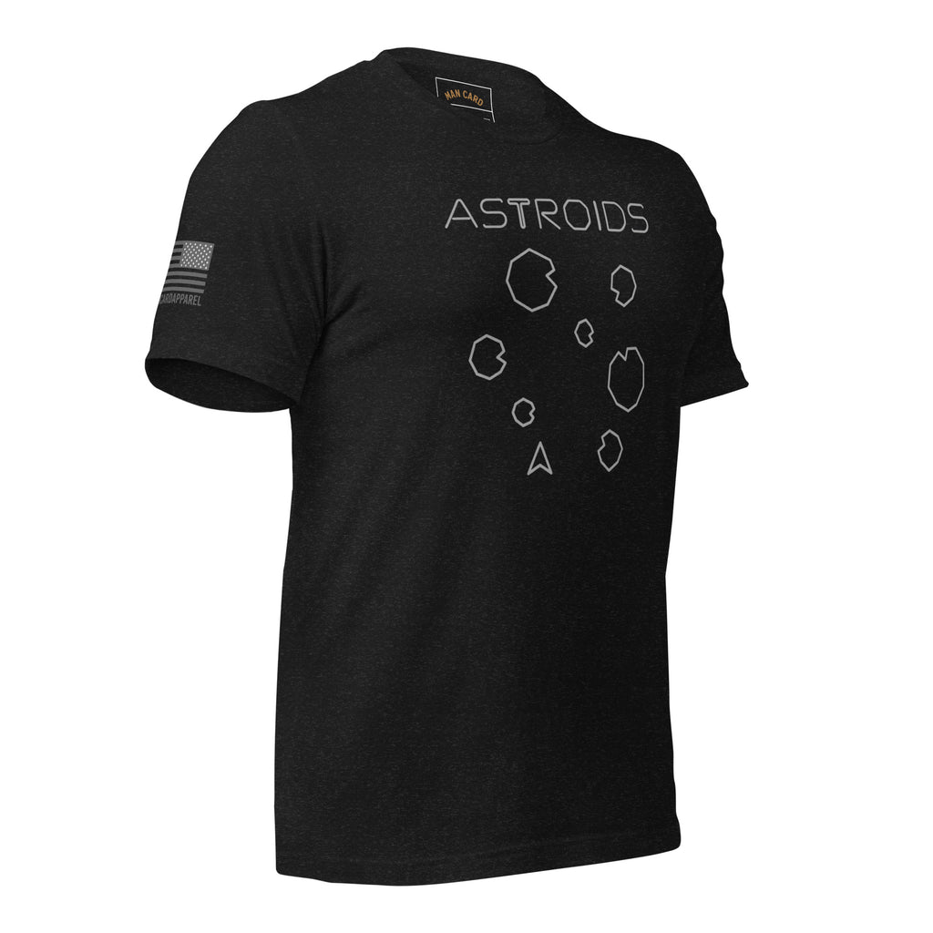 Angled front of black heather T-shirt with ASTROIDS lettering, outlined asteroids and a spaceship graphic