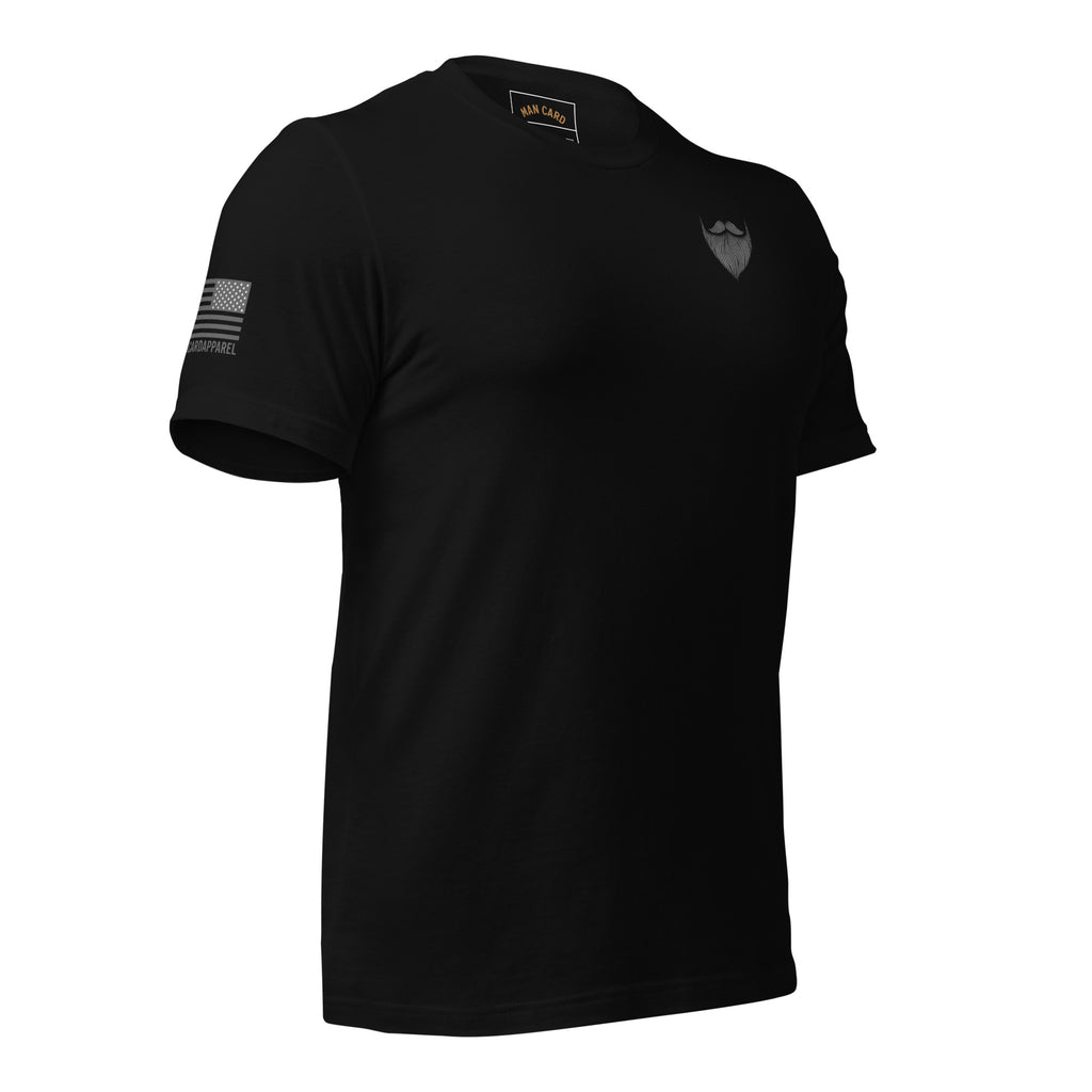 Angled front of black T-shirt with a beard and mustache chest emblem and American flag sleeve graphic