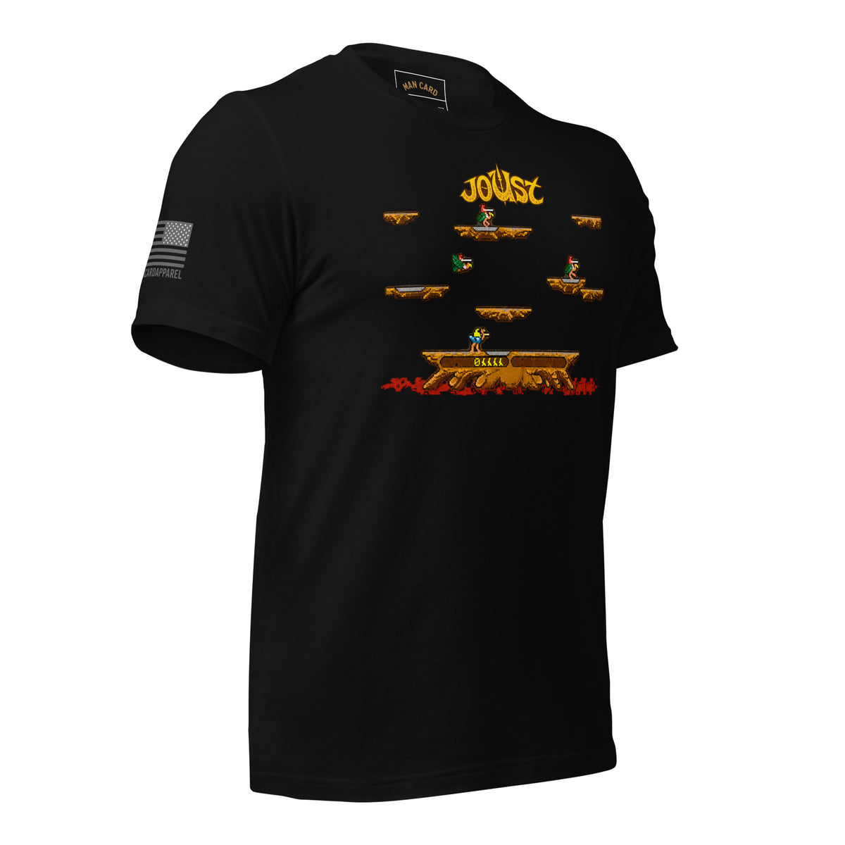 Angled front view of black Joust arcade battle T-shirt with pixel-art riders, platforms, and an American flag sleeve detail