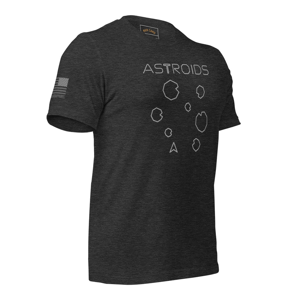Angled front of dark grey heather T-shirt with ASTROIDS lettering, outlined asteroids and a spaceship graphic