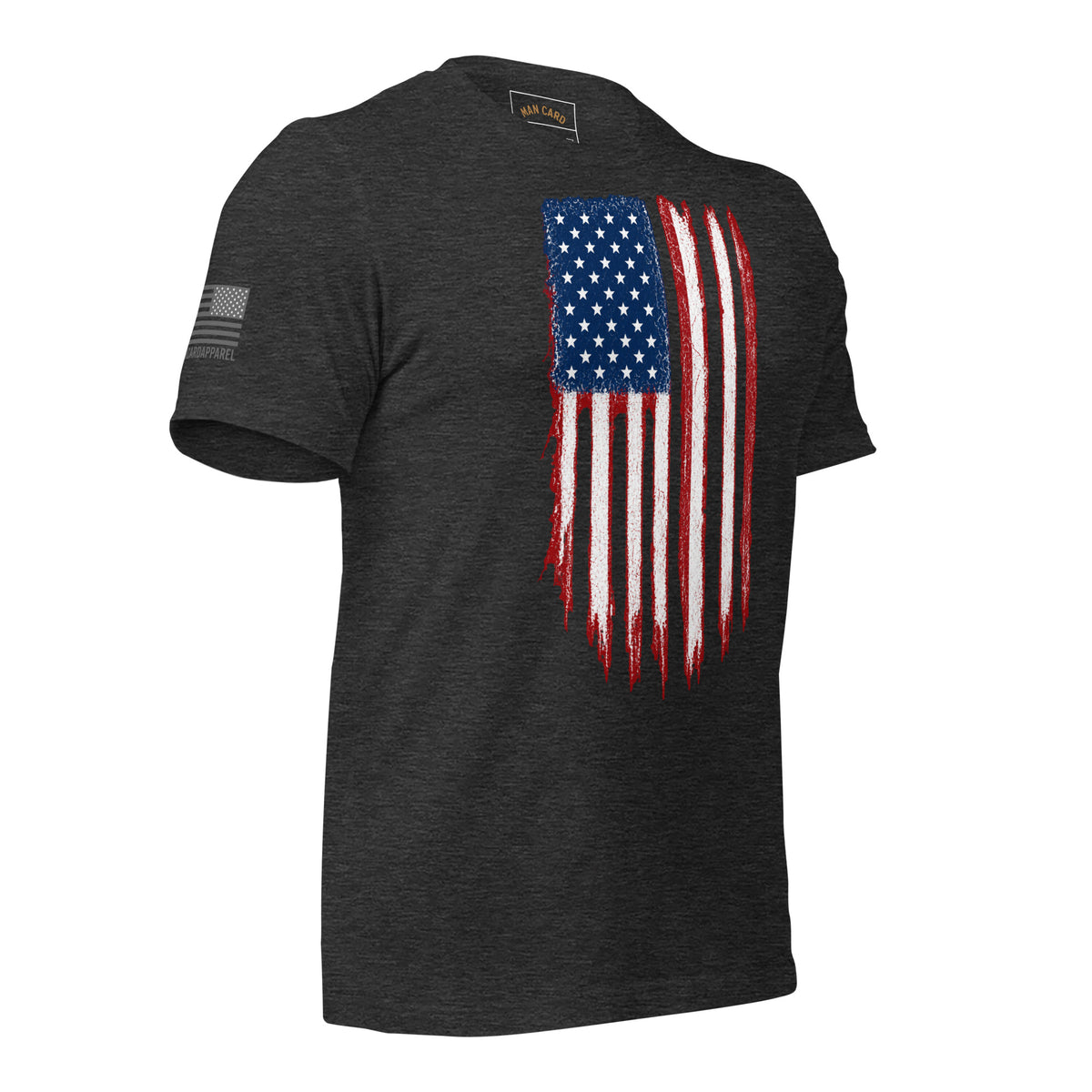 Angled front view of dark grey heather T-shirt with a distressed red, white and blue American flag chest graphic and a smaller sleeve flag