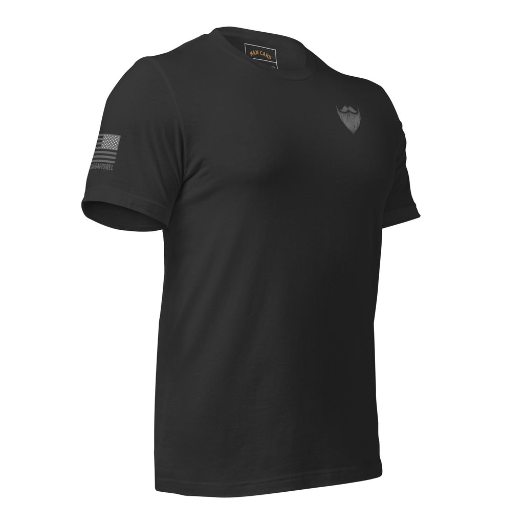 Angled front of dark grey T-shirt with a beard and mustache chest emblem and American flag sleeve graphic