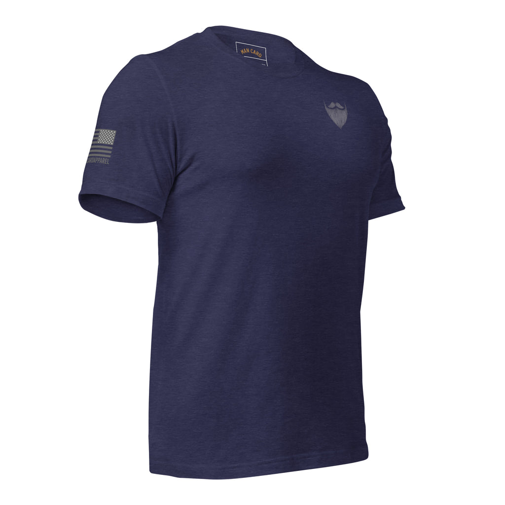 Angled front of heather midnight navy T-shirt with a beard and mustache chest emblem and American flag sleeve graphic