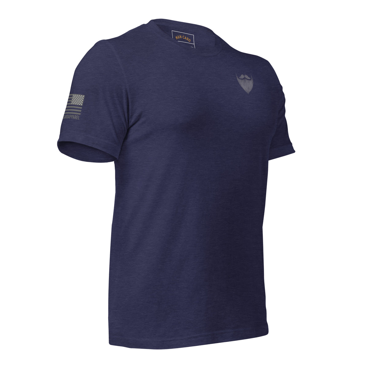 Angled front of heather midnight navy T-shirt with a beard and mustache chest emblem and American flag sleeve graphic
