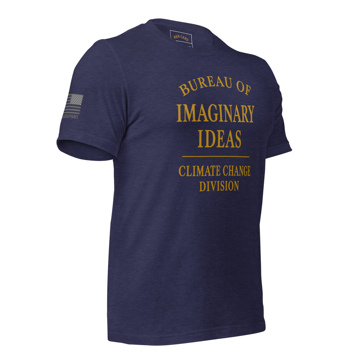 Angled front of heather midnight navy T-shirt with gold Bureau of Imaginary Ideas Climate Change Division lettering