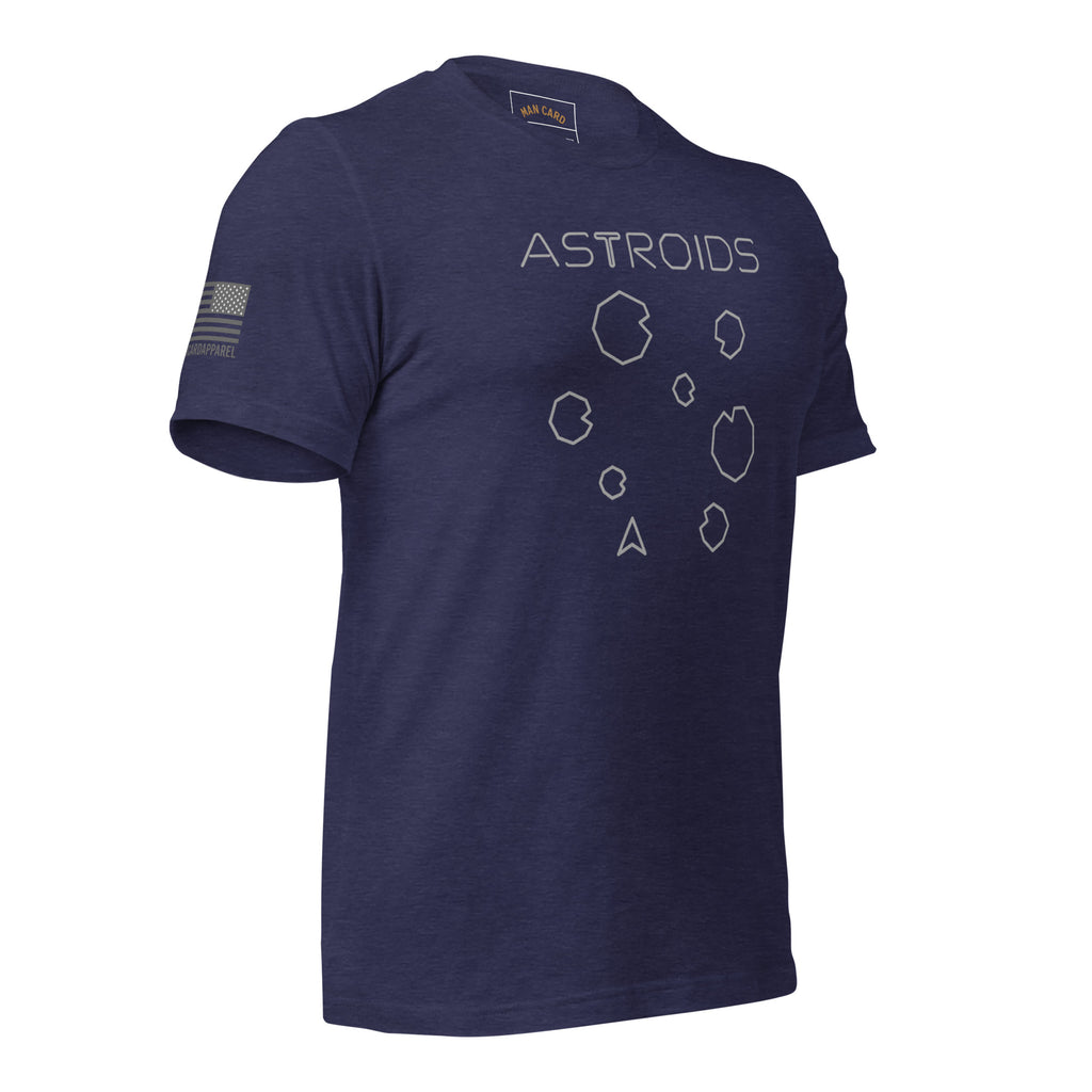 Angled front of heather midnight navy T-shirt with ASTROIDS lettering, outlined asteroids and a spaceship graphic