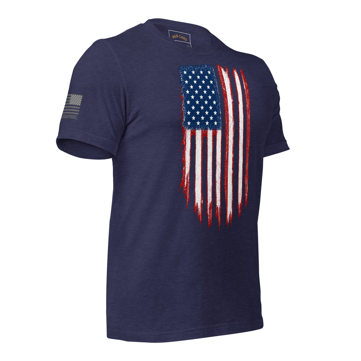 Angled front view of heather midnight navy T-shirt with a distressed red, white and blue American flag chest graphic and a smaller sleeve flag