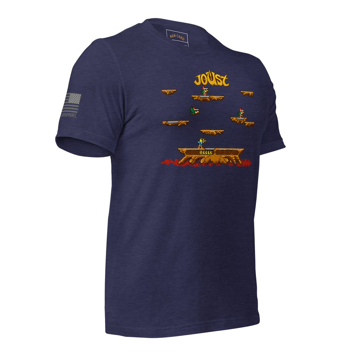 Angled front view of heather midnight navy Joust arcade battle T-shirt with pixel-art riders, platforms, and an American flag sleeve detail