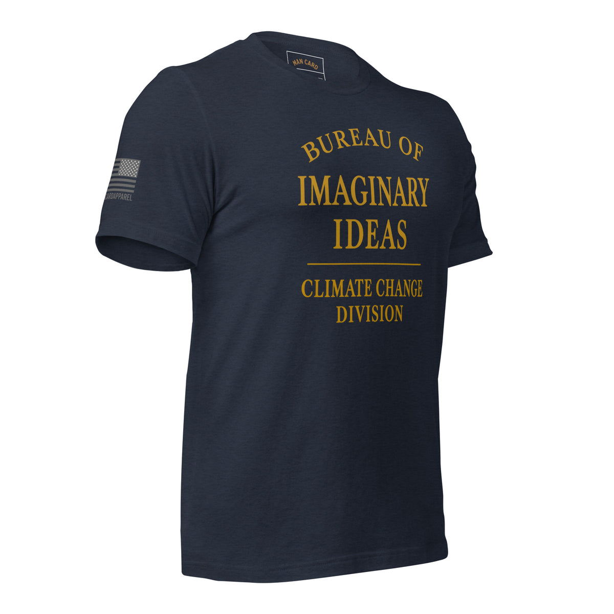 Angled front of heather navy T-shirt with gold Bureau of Imaginary Ideas Climate Change Division lettering
