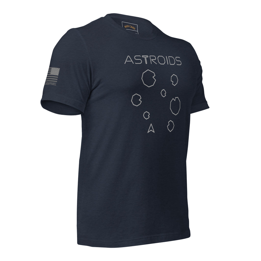 Angled front of heather navy T-shirt with ASTROIDS lettering, outlined asteroids and a spaceship graphic