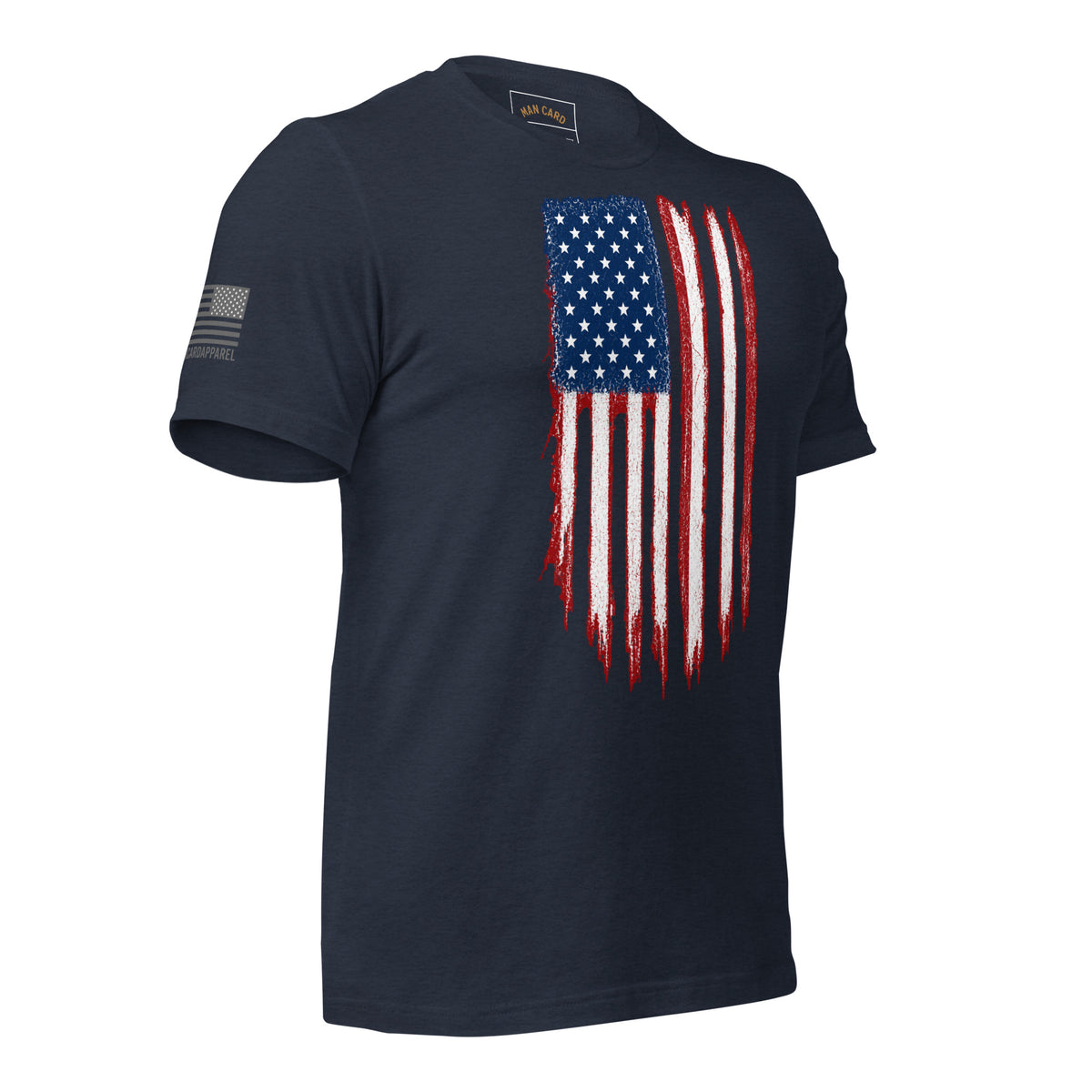 Angled front view of heather navy T-shirt with a distressed red, white and blue American flag chest graphic and a smaller sleeve flag