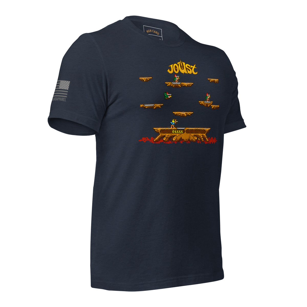 Angled front view of heather navy Joust arcade battle T-shirt with pixel-art riders, platforms, and an American flag sleeve detail