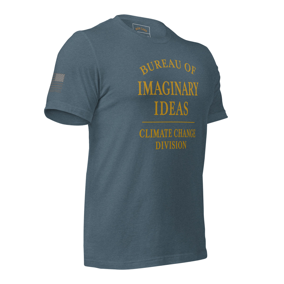 Angled front of heather slate T-shirt with gold Bureau of Imaginary Ideas Climate Change Division lettering